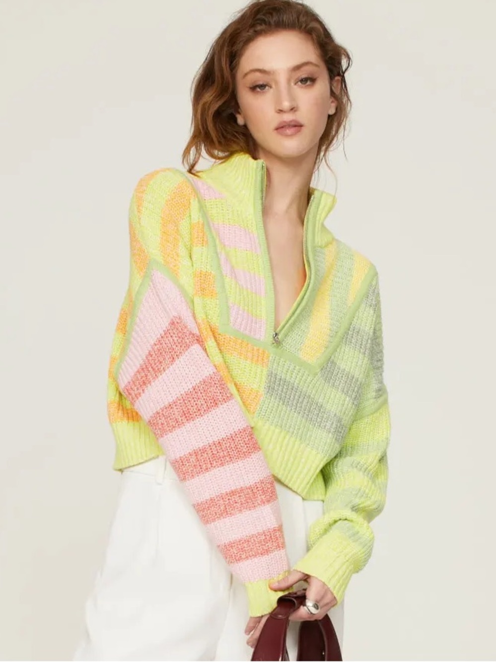 STAUD Pastel Striped Women's Sweater - Lime & Pink